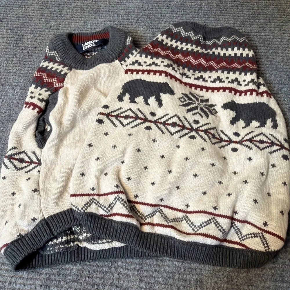 Lands' End Fair Isle Bear Dog Family Holiday Sweater,Cream,Size MED Dog Sweater